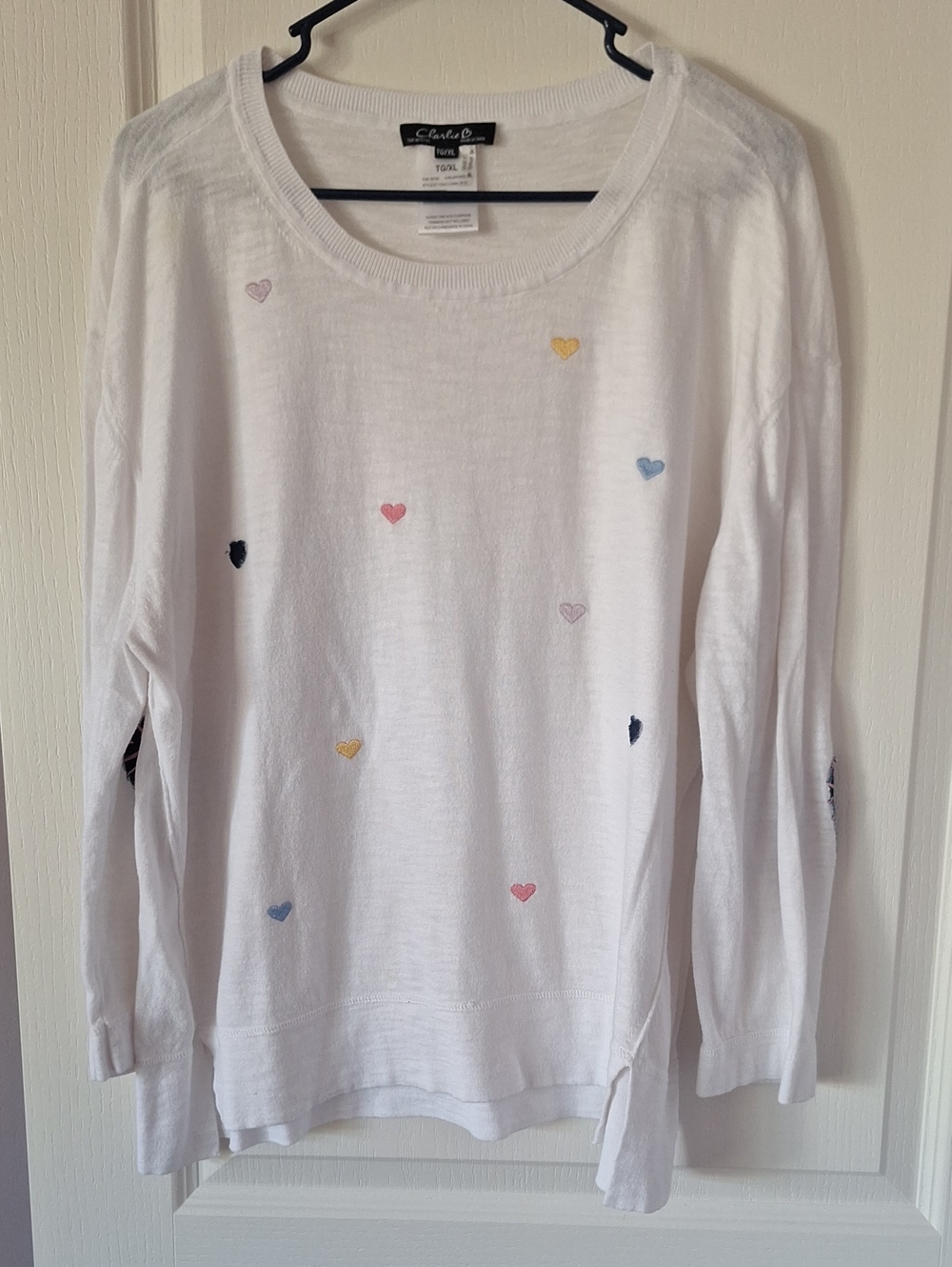 Charlie B White Crewneck Sweater with Pastel Heart Embroidery